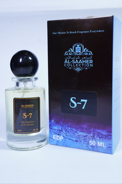 Al-Saaher Collection S-7 perfume bottle and packaging on a white surface